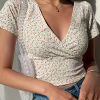 M美式复古风碎花交叉v领修身短款露脐短袖T恤女上衣2025夏季新款潮(黄色)