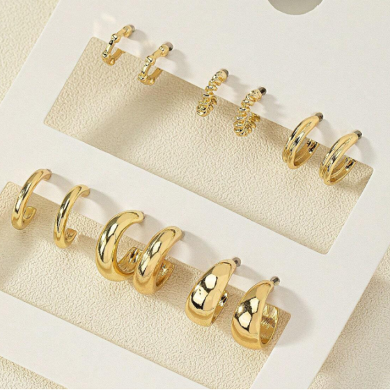 欧美C形金属纹理高级感个性耳圈复古麻花耳环套装6件套earrings