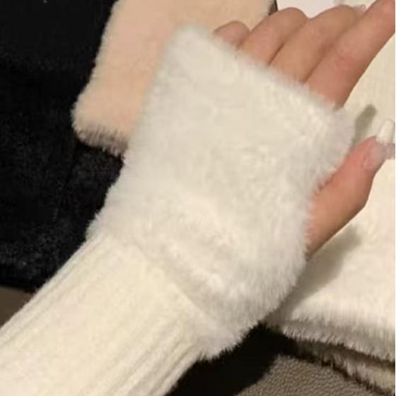 网红款针织无指手套女百搭半截半指保暖秋冬手袜学生纯色毛绒手套