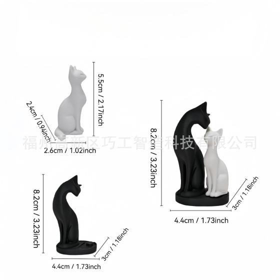 跨境新款3D打印黑白可拆卸创意优雅猫咪情侣雕塑家居办公室装饰品