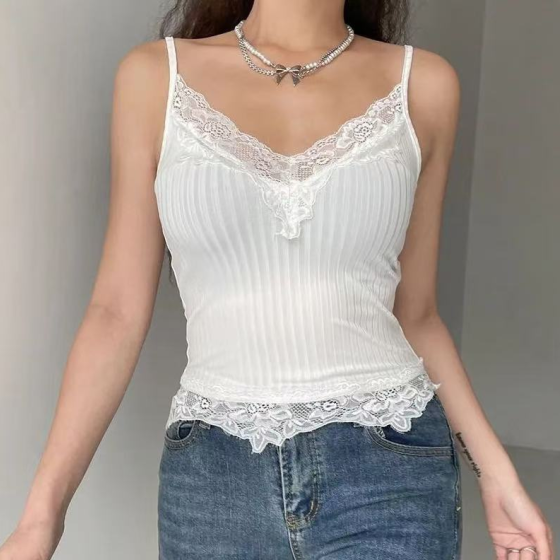 L新款欧美风蕾丝花边V领性感小吊带女复古ins针织坑条拼接内搭背心（白）