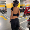 M码2024美式辣妹黑白性感显瘦短款上衣设计感露背显瘦正肩短袖T恤(黑色）