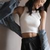 L码2024亚马逊速卖通跨境欧美女装春夏短款纯色螺纹无袖T恤背心（短款白色）