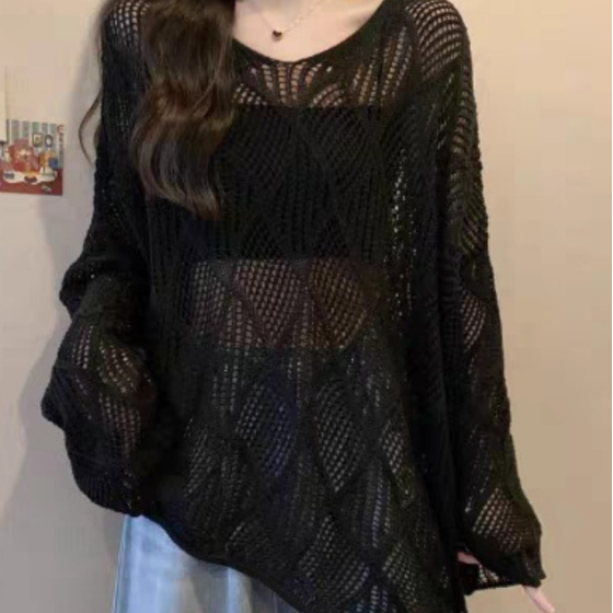 松弛感韩系慵懒风春夏新款薄款镂空针织衫罩衫女宽松显瘦垂感上衣（黑色）