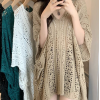 夏季女装跨境纯欲镂空系带V领针织上衣慵懒洋气中长款蝙蝠袖罩衫（卡其）