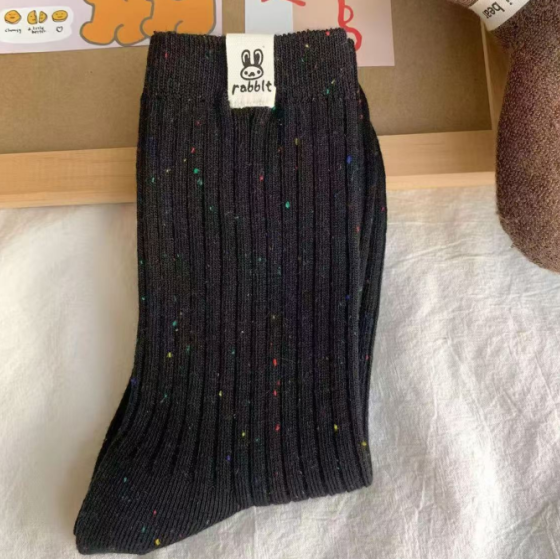暖秋棕色系袜子女韩版中筒点子纱云朵兔兔学院风ins可爱诸暨袜业(黑色)