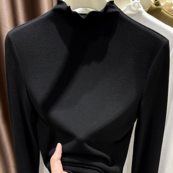 L码加厚磨毛德绒半高领打底衫女秋冬2025加绒保暖内搭木耳边长袖上衣（黑色）