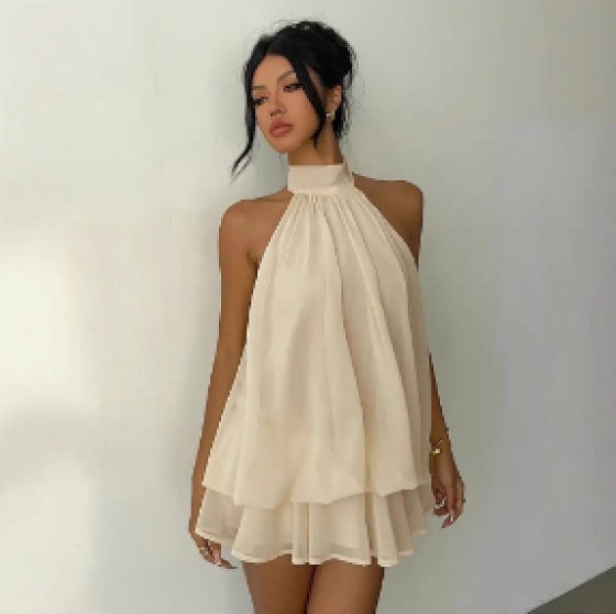 M 欧美跨境女装度假修身性感露背挂脖系带收腰上衣蓬蓬短裙连衣裙子